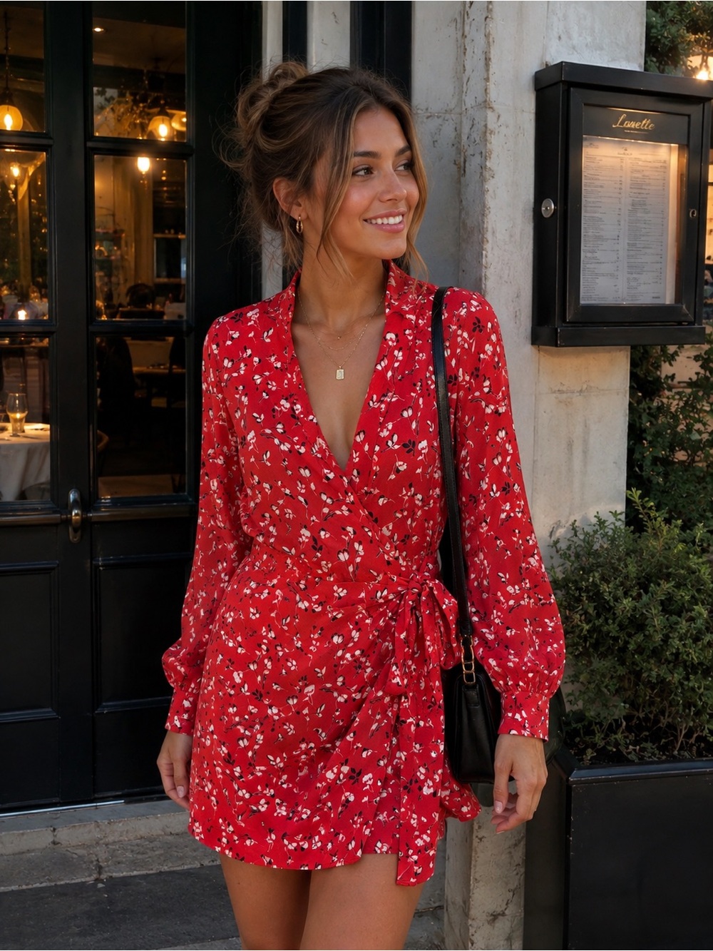 Lost + Wander Red Floral Wrap Mini Dress